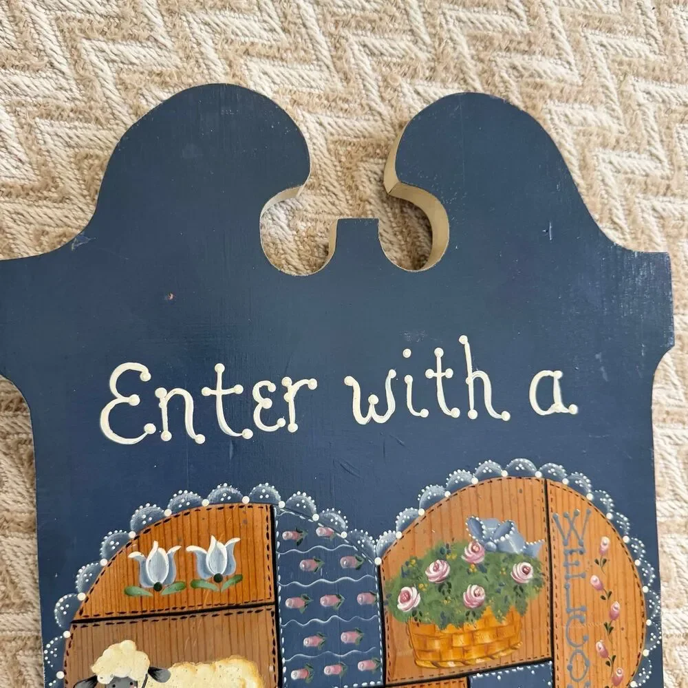 Hand Painted Folk Art Wooden Wall Plaque Enter With a Happy Heart Country Decor